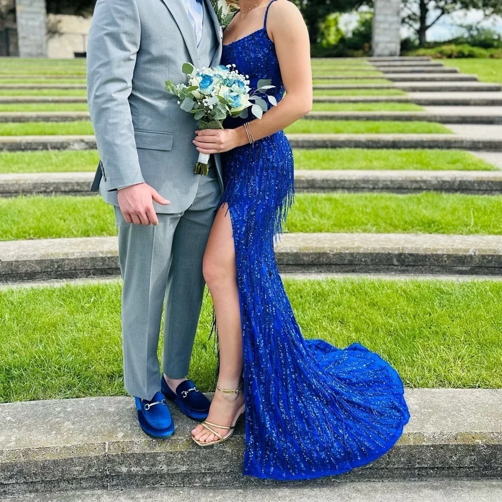 Amarra Cobalt Blue Beaded Dangles Spaghetti Strap Gown Women’s Size 2 Prom Dress - Picture 2 of 15